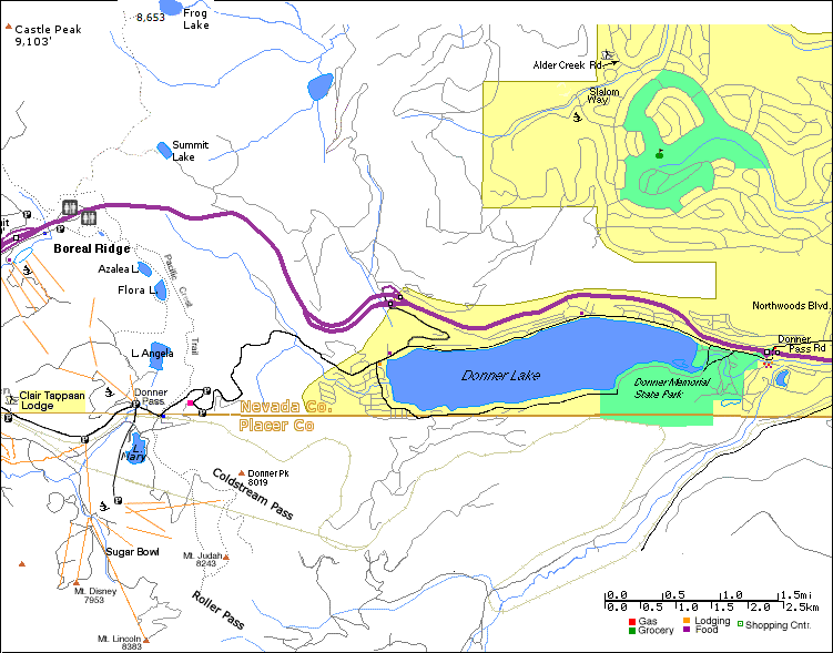 Donner Lake, Flora Lake, Mt. Judah, Donner Peak, Castle Peak, Mount Lincoln, Roller Pass, Coldstream Pass, Summit Lake