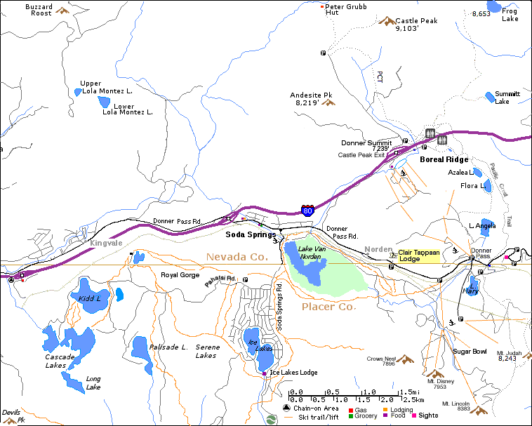 Donner Lake, Flora Lake, Mt. Judah, Donner Peak, Summit Lake, Soda Springs, Norden, Sugar Bowl